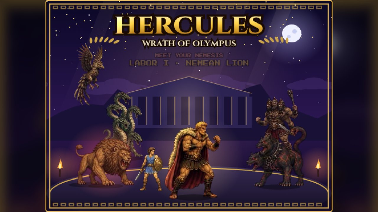 Hercules and Iolaus face the Nemean Lion, the Hydra, Geryon and Cerberus beneath a moonlit Greek temple