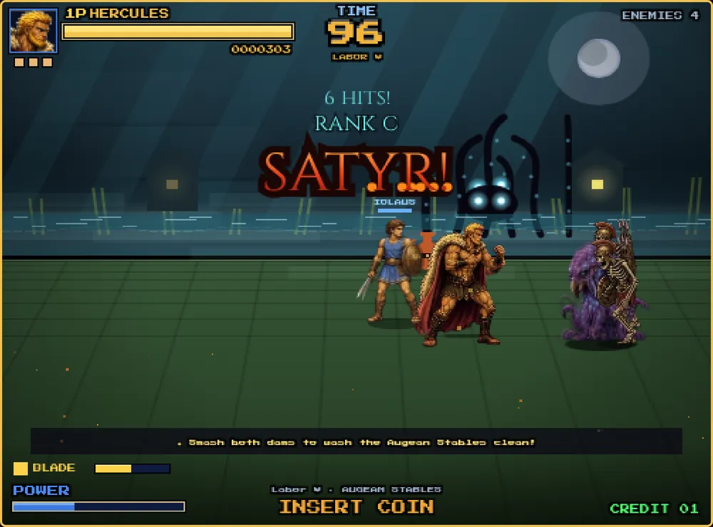 Hercules and Iolaus brawl with satyrs and a bull warrior beside a moonlit river