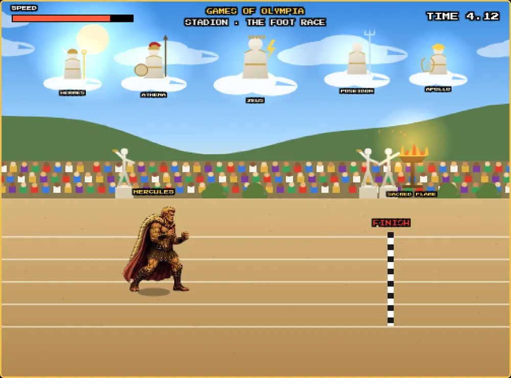 Hercules races in the Stadion foot race while the gods watch from the clouds