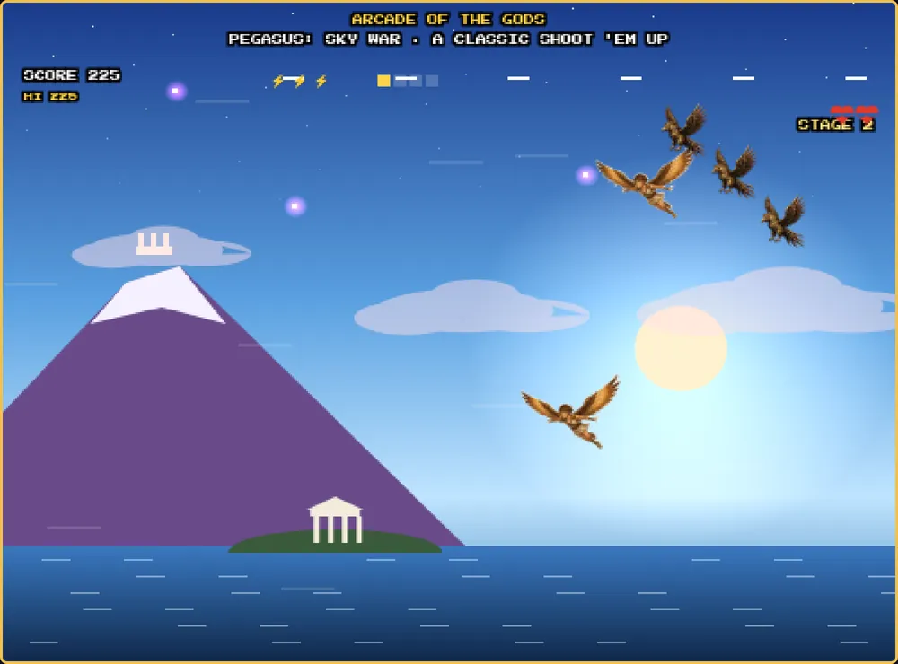 Hercules rides Pegasus through the sky, firing at bronze birds above the Aegean