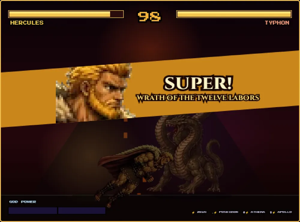 The Super move banner: Wrath of the Twelve Labors, with Hercules' portrait
