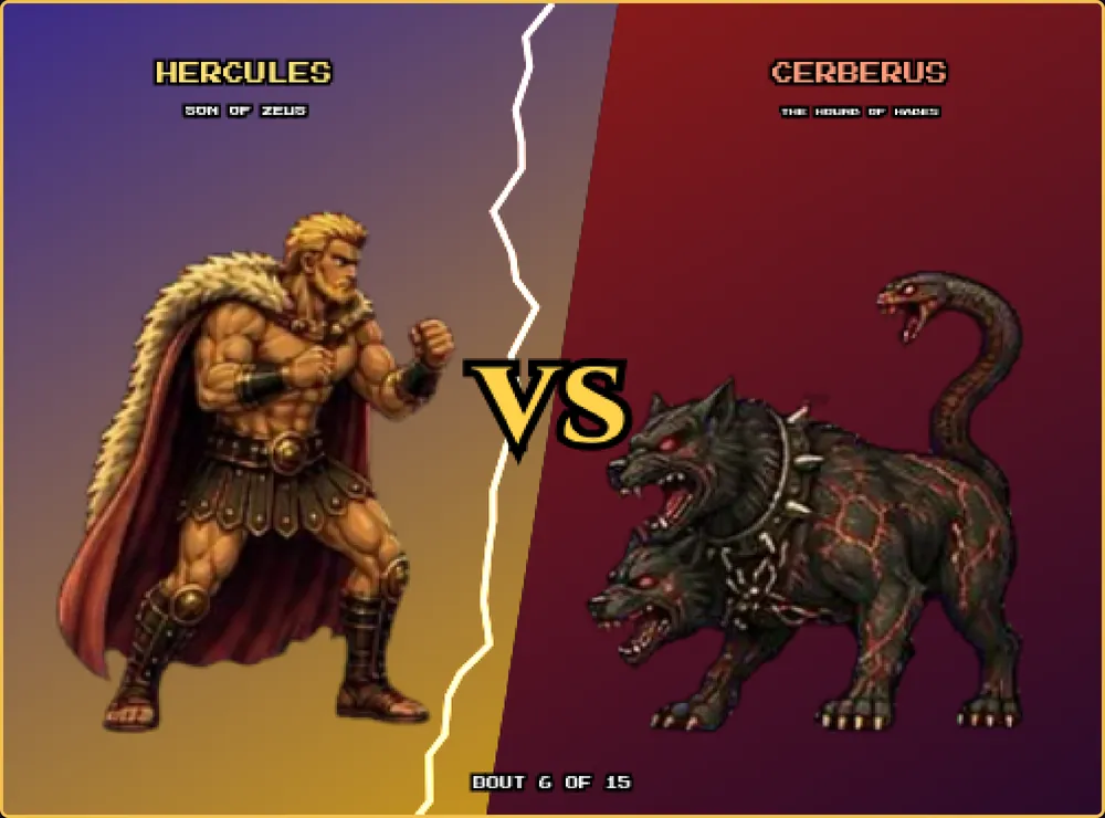 A versus screen: Hercules, Son of Zeus, against Cerberus, the Hound of Hades